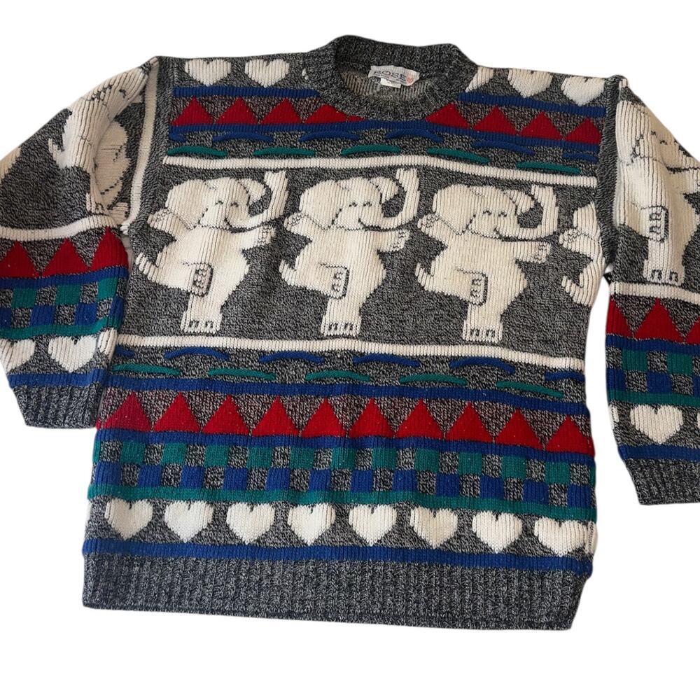 Vintage Elephant Sweater USA Made Novelty Knit Gray Colorful 90s Oversized Cozy